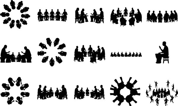 Drum circle meeting silhouette set with people playing djembe and group discussion