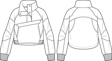 Womens cropped fleece pullover high neck snap placket jacket fashion flat sketch vector illustration technical drawing front back view © Prohllad
