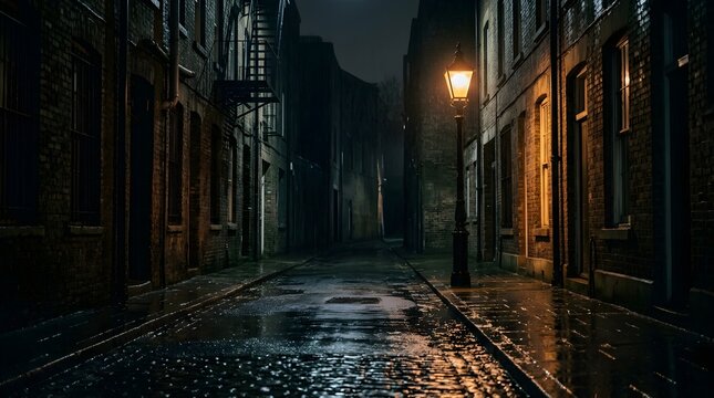 Glowing streetlamp in a dark rainy alley. Night urban scene with wet cobblestone pavement.