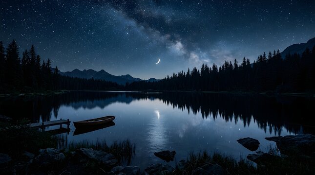 Milky Way over a calm mountain lake. Night sky landscape with stars and reflection.