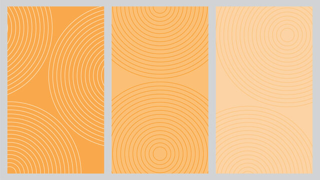 Modern collection of three seamless orange abstract backgrounds featuring concentric circles and radial line patterns. Suitable for presentations, packaging, branding, and digital graphic design.