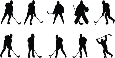 Ice hockey player silhouettes set with goaltender, skating actions, shooting puck, and celebration poses in vector format © Black Coffee