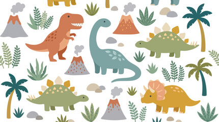 Dinosaur and volcano seamless repeat pattern design. © Meg