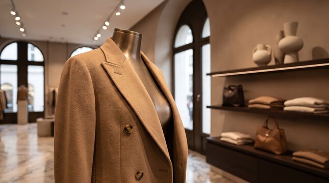 Luxury Retail Fashion Display with Camel Winter Coat