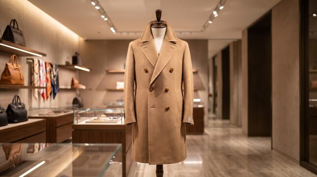 Premium Designer Cashmere Coat in Upscale Fashion Store