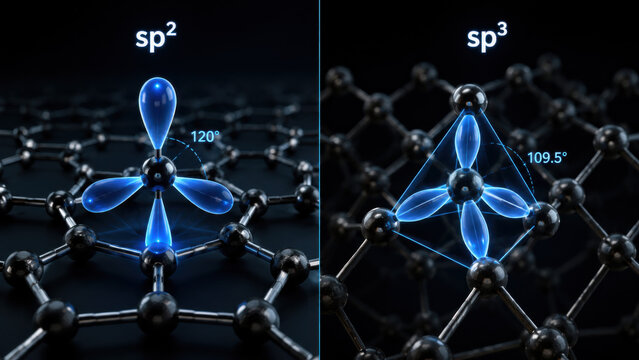 Split screen illustration comparing sp2 and sp3 hybridized carbon lattice structures with glowing blue orbital lobe and angle labels on dark background