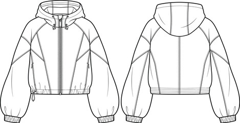 Womens hooded full zip track jacket raglan sleeve windbreaker fashion flat sketch vector illustration technical drawing front back view © Prohllad