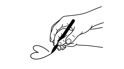 Obraz premium A line art drawing of a parent guiding a child hand drawing a heart.