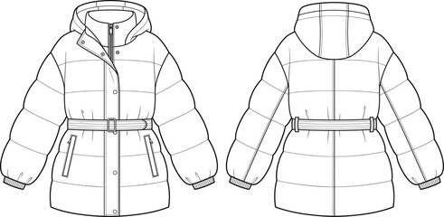 Womens hooded belted puffer jacket fashion flat sketch vector illustration technical drawing with snap placket zip pockets © Prohllad