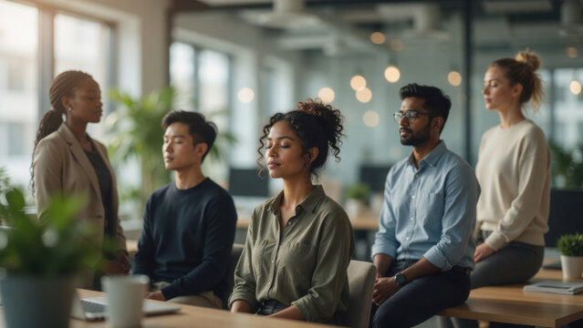 Calm office meditation diverse coworker group mindfulness modern workplace stress relief mental health wellness practice team building seated people Microdosing mindfulness meditation concept