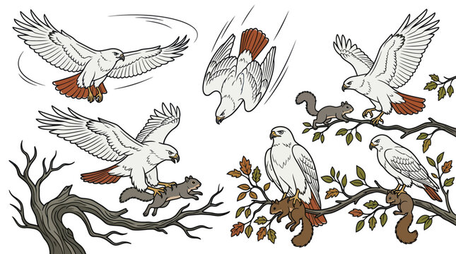 Eagles hunting squirrels in trees wildlife illustration.