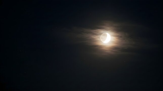 Bright moon in dark night sky. Glowing lunar crescent behind thin clouds at midnight.