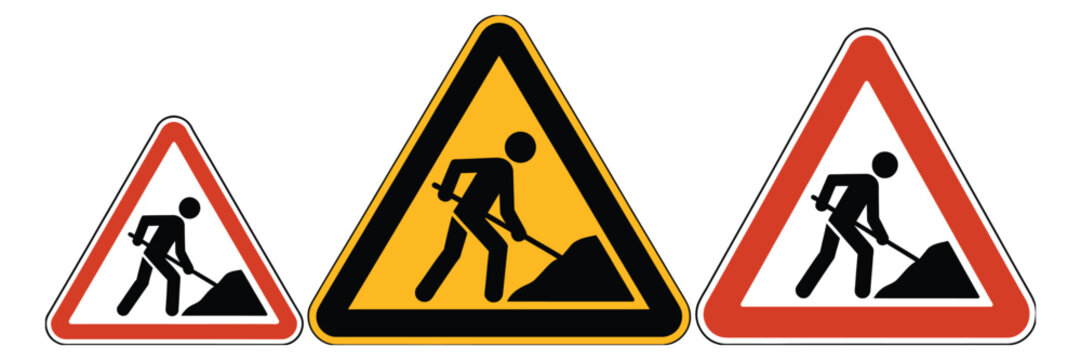 Roadwork warning sign, vector illustration featuring construction safety icons with under construction symbol, digging worker, and work in progress alerts for traffic design.