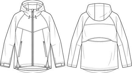 Womens hooded windbreaker jacket fashion flat sketch vector illustration technical drawing with raglan sleeves and back ventilation flap © Prohllad