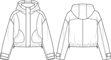 Womens hooded windbreaker jacket snap placket drawstring hem drop shoulder fashion flat sketch vector illustration technical drawing front back view © Prohllad