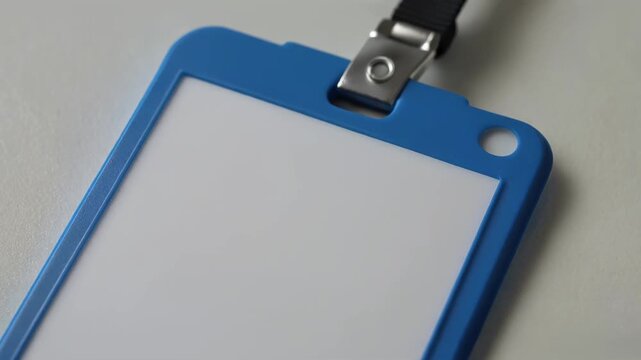 Close-up of a blue name badge with blank white card and black strap on a plain surface