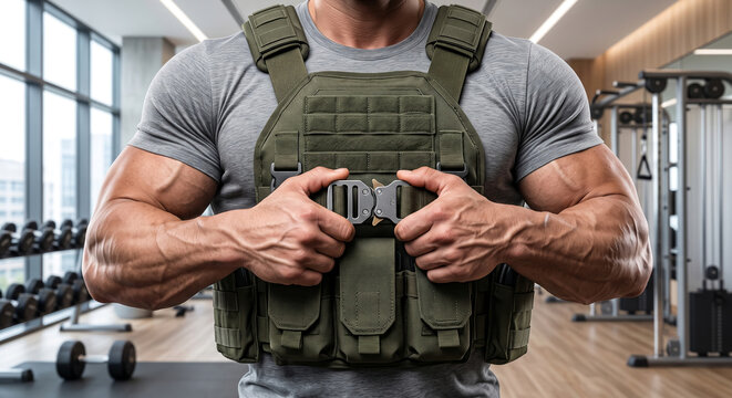 Muscular athlete wearing tactical plate carrier vest for intense fitness workout.