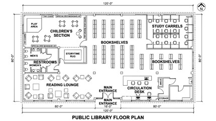 Architectural public library floor plan vector, technical building blueprint with bookshelves and study carrels, interior layout for educational facility © Mohsin