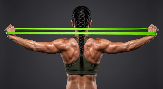 Strong woman stretching bright green resistance band behind back in dark studio.