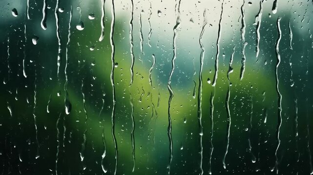 R ain droplets sliding down glass with blurred natural background