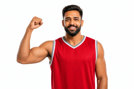 Strong man in red basketball jersey flexing bicep on white background