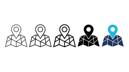 Series of location pins in varying styles from light gray to blue, illustrating geographic markers, navigation icons, and wayfinding concepts. © Sultan Desain