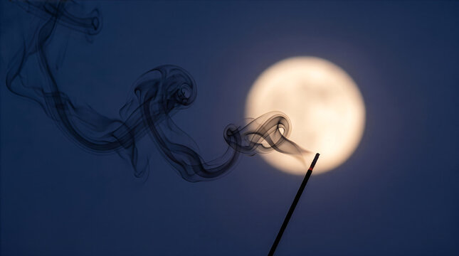 Aromatic burning incense stick with swirling smoke trail silhouetted against a blurred full moon in the night sky