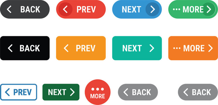 Colorful website navigation button set with next, previous, cancel, and finish arrows for user interface