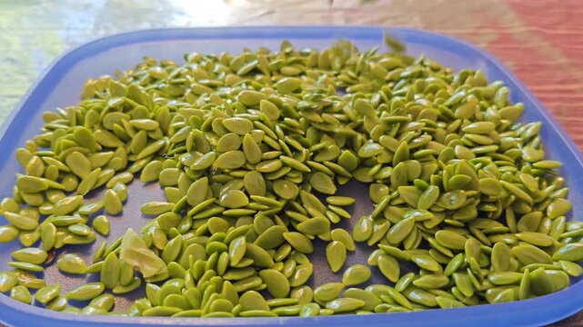 Hand Picking Up and Dropping Fresh Guaje Seeds on Plate