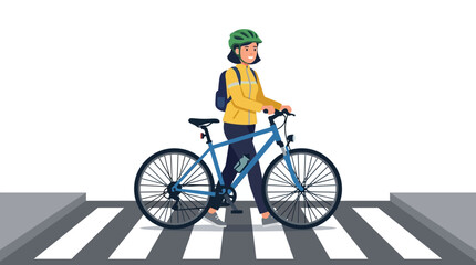 Fototapeta premium A woman in a helmet pushes her bicycle across a pedestrian crosswalk.