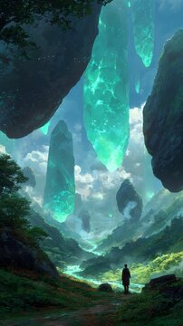 Lone figure observes a surreal landscape with enormous glowing turquoise crystals floating above a verdant valley