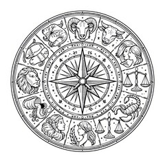 Naklejka premium Intricate zodiac wheel illustration featuring all 12 astrological signs.
