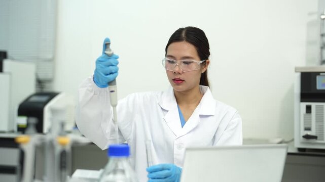 Scientists collaborate in a modern laboratory conducting chemical research, data analysis and experiments, innovation, biotechnology, healthcare and science.