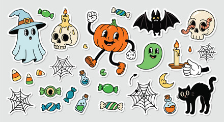 Fototapeta premium Cute Halloween Clipart Collection with Ghost Pumpkin Bat Skull Black Cat Spider Web and Candy