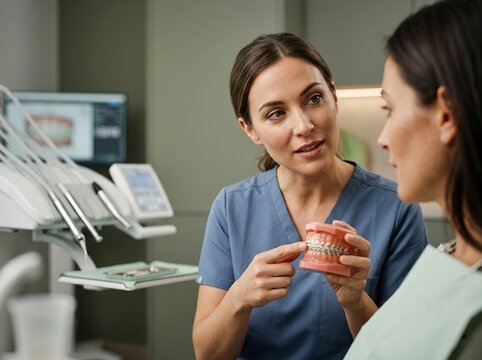 Dentist explaining orthodontic braces treatment with dental model. For oral healthcare, patient education, orthodontic treatment planning, and preventive dentistry