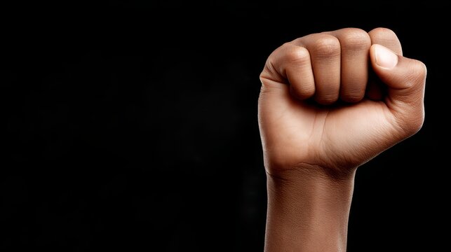 This studio shot features a raised, clenched dark-skinned fist set against a solid pure black background, lit with soft, focused lighting to highlight the hand's texture and the gesture's firm,