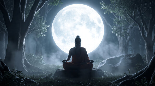 Silhouette of a spiritual guru meditating on a rock in a misty forest illuminated by a massive full moon