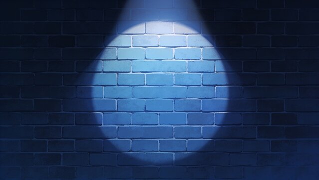 brick wall with a spotlight effect. The wall is composed of uniformly sized rectangular bricks, arranged in a horizontal pattern. The bricks are a dark blue color, creating a moody and atmospheric bac