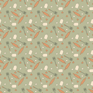 Seamless Kitchen Utensils Pattern with Hearts