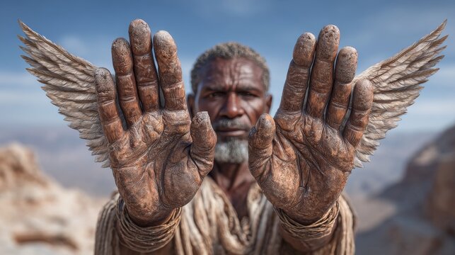 This surreal digital artwork depicts an elderly dark-skinned man holding out weathered, textured hands toward the viewer, with delicate feathered wings emerging behind his palms, set against a blurred