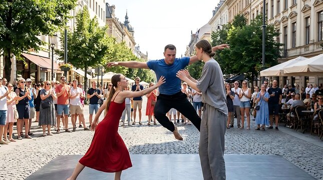 Street performers dancing in European city square