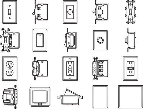 A collection of various electrical switches and outlets, depicted in a technical drawing style, showcasing different designs and functionalities.