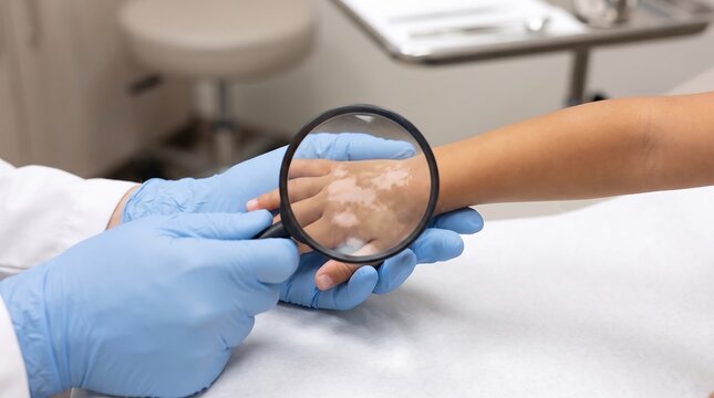 Close-Up of Vitiligo Skin Examination on Child Hand Using Magnifying Glass