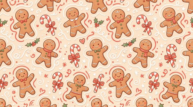 Whimsical Gingerbread Christmas Gift Wrap, Seamless Cute Holiday Pattern Design

