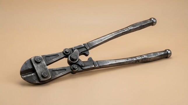 Heavy duty metal bolt cutter tool on beige background.
