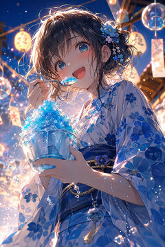 Young woman in a yukata eating blue Hawaii shaved ice (kakigori) at a Japanese summer festival at dusk, paper lanterns and wind chimes, 夏祭りの夕暮れに浴衣姿でブルーハワイのかき氷を食べる若い女性 提灯と風鈴