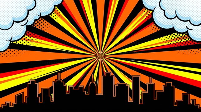 Retro orange city skyline with dramatic vintage radial rays creating a bold urban background for marketing, posters, branding, and social media graphics.