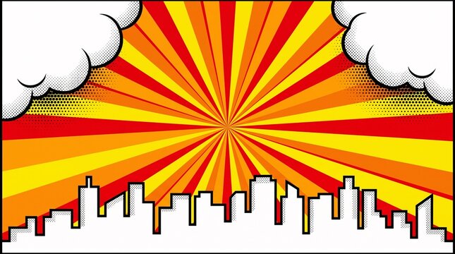 Minimal city skyline combined with vivid orange and yellow radial sunburst rays, creating a clean and energetic urban background for branding, advertising, and web design.