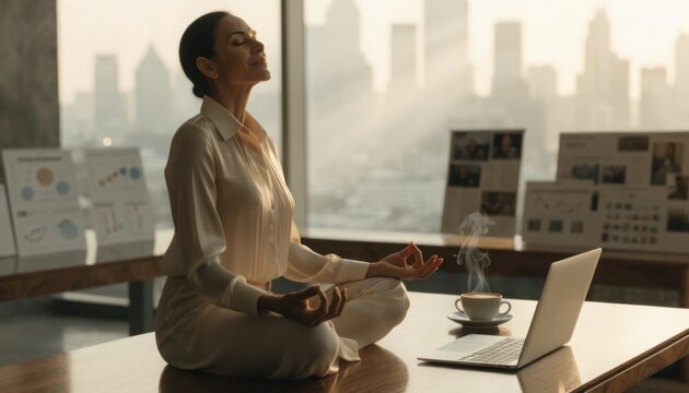 Serene female executive practicing yoga on office desk with coffee, embodying mindful success and corporate wellness in a modern skyscraper.
