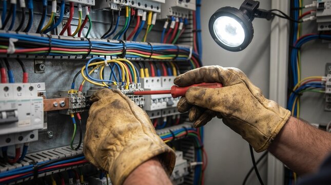 Electrician wearing heavy protective gloves working with tools inside a complex electrical fuse box panel.
